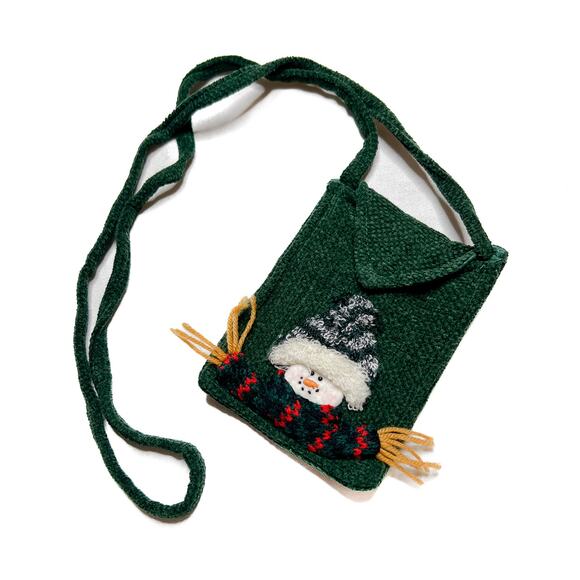 Vintage 90s Snowman Holiday Mini Bag Wallet Chenille Knit Embroidered Christmas - Picture 1 of 5